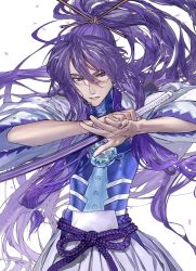 Rule 34 | 1boy, hair between eyes, highres, holding, holding sword, holding weapon, kamui gakupo, korpokkur kne, long hair, long sleeves, nail polish, parted lips, ponytail, purple hair, purple nails, rope, shadow, simple background, solo, sword, very long hair, vocaloid, weapon, white background