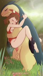 Rule 34 | 1boy, 1girl, absurdres, barefoot, bestiality, blurry, blurry background, blush, bottomless, breasts, brown hair, creatures (company), english text, fang, game freak, gen 2 pokemon, grass, greatm8, hetero, highres, interspecies, may (pokemon), nintendo, nipples, penis, pokemon, pokemon (creature), pokemon oras, pokephilia, sex, shorts, shorts around one leg, small breasts, suspended congress, toe scrunch, tree, typhlosion, uncensored