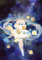 Rule 34 | 1girl, black background, blue background, blue hair, calligraphy brush (medium), commentary request, dress, closed eyes, hatsune miku, long hair, long sleeves, own hands together, painting (medium), planet, rei (456789io), simple background, solo, solo focus, star (symbol), starry background, starry sky print, traditional media, twintails, very long hair, vocaloid, watercolor (medium), white dress