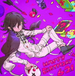 Rule 34 | 1boy, absurdres, arrow (projectile), bad id, bad pixiv id, black footwear, black hair, bomb, buttons, checkered clothes, checkered neckwear, commentary, confetti, crossed legs, danganronpa (series), danganronpa v3: killing harmony, dated, english text, explosive, flipped hair, full body, hand on own knee, happy birthday, haun, highres, holding, holding mask, huge filesize, jacket, jacket on shoulders, light smile, long sleeves, looking at viewer, looking back, male focus, mask, oma kokichi, pants, purple background, purple eyes, purple jacket, scarf, shirt, short hair, simple background, solo, space print, starry sky print, straitjacket, symbol-only commentary, tablet pc, white pants, white shirt