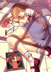 Rule 34 | 2girls, alice in wonderland, alice margatroid, bdsm, blonde hair, bobby socks, bondage, book, bound, caidychen, closed eyes, dress, female focus, grimoire, grimoire of alice, hairband, highres, hourai doll, hourglass, legs, long legs, lying, mary janes, multiple girls, on side, shoes, short hair, signature, size difference, sleeping, socks, string, thighhighs, touhou, white thighhighs, window shadow, zettai ryouiki