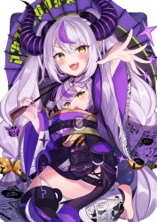 Rule 34 | 1girl, black choker, blush, character print, choker, demon girl, demon horns, fangs, grey hair, highres, holding, holding umbrella, hololive, horns, ibuki sho, japanese clothes, kimono, la+ darknesss, la+ darknesss (new year), long hair, looking at viewer, multicolored hair, nail polish, obi, official alternate costume, open mouth, outstretched arm, pointy ears, print kimono, purple hair, purple nails, purple umbrella, sash, self character print, sidelocks, smile, solo, streaked hair, striped horns, teeth, twintails, umbrella, upper teeth only, very long hair, virtual youtuber, wide sleeves, yellow eyes