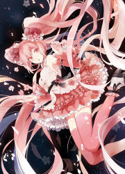 Rule 34 | 1girl, absurdly long hair, armpits, bare shoulders, boots, detached sleeves, dress, flower, hair flower, hair ornament, hatsune miku, high heels, long hair, long sleeves, looking at viewer, michi (iawei), open mouth, pink dress, pink eyes, pink footwear, pink hair, pink thighhighs, sakura miku, sash, solo, thighhighs, twintails, very long hair, vocaloid, wide sleeves, zettai ryouiki