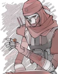 Rule 34 | 1boy, animification, apex legends, bandana, brown background, classic revenant, expressionless, humanoid robot, looking down, no humans, rai (scrambleriot), red bandana, red scarf, revenant (apex legends), robot, scarf, science fiction, simulacrum (titanfall), sitting, solo, yellow eyes