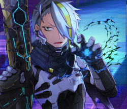 Rule 34 | 1boy, apex legends, armor, assault rifle, black scarf, blonde hair, cosplay, demon-za, electricity, gloves, green eyes, grey gloves, gun, hair over one eye, highres, holding, holding gun, holding weapon, indie virtual youtuber, male focus, mole, mole under eye, multicolored hair, one eye covered, open hand, open mouth, rifle, scarf, solo, streaked hair, utai meika, virtual youtuber, vk-47 flatline, voidwalker wraith, weapon, wraith (apex legends), wraith (apex legends) (cosplay)