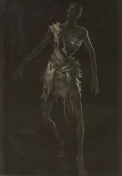 Rule 34 | asymmetrical clothes, barefoot, black background, dark souls (series), dark souls i, from software, head tilt, highres, hollow eyes, no humans, official art, open mouth, scan, simple background, torn clothes, tunic, undead, walking, zombie