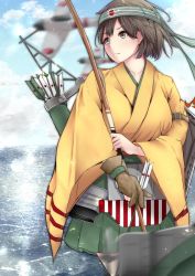 Rule 34 | 1girl, aga marino, aircraft, airplane, blue sky, blurry, brown hair, cloud, commentary request, cowboy shot, day, depth of field, flight deck, gloves, green hakama, hakama, hakama short skirt, hakama skirt, headband, hiryuu (kancolle), japanese clothes, kantai collection, kimono, looking to the side, ocean, one side up, outdoors, partially fingerless gloves, partly fingerless gloves, quiver, short hair, side ponytail, skirt, sky, smoke, solo, yellow kimono, yugake