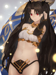 Rule 34 | 1girl, aito, black hair, breasts, cleavage, closed mouth, commentary request, earrings, fate/grand order, fate (series), highres, hoop earrings, ishtar (fate), ishtar (fate), jewelry, long hair, looking at viewer, navel, red eyes, smile, solo