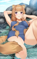 Rule 34 | 1girl, animal ear fluff, animal ears, bad id, bad pixiv id, beach, blush, breasts, brown hair, entogman, highres, long hair, looking at viewer, lying, medium breasts, on back, one-piece swimsuit, raccoon ears, raccoon girl, raccoon tail, raphtalia, red eyes, rock, solo, swimsuit, tail, tate no yuusha no nariagari, thighs, very long hair, water