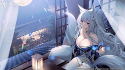 Rule 34 | 1girl, absurdres, animal ears, azur lane, bare shoulders, blue butterfly, blue eyes, blue kimono, breasts, bug, building, butterfly, cleavage, commentary request, curtains, fox ears, fox girl, fox tail, hair ornament, highres, insect, japanese clothes, kimono, lantern, large breasts, long hair, long sleeves, looking at viewer, manjuu (azur lane), multiple tails, off shoulder, official art, sagiri (ulpha220), second-party source, see-through, shinano (azur lane), sidelocks, sitting, skirt, solo, tail, thighhighs, thighs, tile roof, white hair, white skirt, white tail, white thighhighs, wide sleeves
