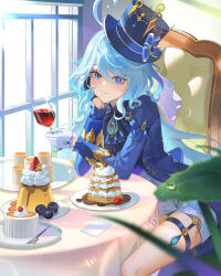 Rule 34 | 1girl, absurdres, ahoge, arm support, ascot, asymmetrical gloves, black gloves, blue ascot, blue coat, blue eyes, blue hat, blue ribbon, blueberry, blush, bow, brooch, cake, chair, closed mouth, coat, commentary request, cowlick, cup, dessert, drinking glass, feet out of frame, food, fruit, furina (genshin impact), genshin impact, gloves, gold trim, hand on own cheek, hand on own face, hat, hat bow, heterochromia, highres, holding, holding cup, indoors, jewelry, lingdu han, long hair, long sleeves, looking at viewer, mismatched gloves, mismatched pupils, plate, ribbon, shorts, sitting, smile, solo, tablecloth, top hat, very long hair, wavy hair, white gloves, white shorts, window
