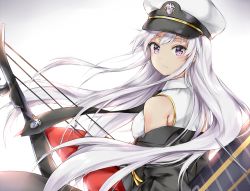 Rule 34 | 1girl, azur lane, bad id, bad pixiv id, bare shoulders, black necktie, bow (weapon), collared shirt, compound bow, enterprise (azur lane), flight deck, floating hair, hat, ikasoke (likerm6au), jacket, long hair, looking at viewer, looking back, necktie, off shoulder, parted lips, peaked cap, purple eyes, shirt, silver hair, simple background, sleeveless, sleeveless shirt, solo, upper body, weapon