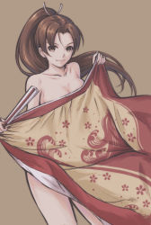 Rule 34 | 1girl, absurdres, breasts, brown eyes, brown hair, cleavage, fan, fatal fury, female focus, hand fan, highres, holding, holding fan, long hair, looking at viewer, matching hair/eyes, medium breasts, nude, parted bangs, ponytail, shiranui mai, smile, snk, solo, the king of fighters, tyanoki