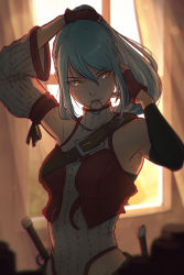 Rule 34 | 1girl, absurdres, adjusting hair, arm up, armpits, belt, blurry, borrowed character, breasts, brown gloves, chromatic aberration, curtains, depth of field, detached sleeves, eyebrows, female focus, fingerless gloves, gloves, hair between eyes, hair tie, head tilt, highres, indoors, koyorin, long hair, looking to the side, medium breasts, mouth hold, original, ponytail, silver hair, solo, suraelia, swept bangs, tsurime, tying hair, window, yellow eyes