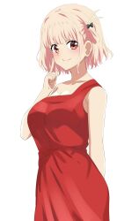 Rule 34 | 1girl, arm behind back, blonde hair, blush, bob cut, breasts, cleavage, closed mouth, collarbone, commentary request, cowboy shot, dars (recolors), dress, highres, large breasts, looking at viewer, lycoris recoil, nishikigi chisato, red dress, red eyes, short hair, simple background, smile, solo, standing, white background, white hair