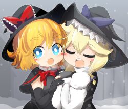 Rule 34 | 2girls, black capelet, black gloves, black hat, black vest, blonde hair, blue bow, blue eyes, blush, blush stickers, bow, bowtie, braid, breast press, breasts, bright pupils, buttons, capelet, closed eyes, commentary request, cookie (touhou), elbow gloves, gloves, hat, hat bow, highres, holding hands, kirisame marisa, large breasts, lets0020, looking at viewer, medium bangs, meguru (cookie), multiple girls, open mouth, red bow, red bowtie, shirt, short hair, single braid, sleeves past fingers, sleeves past wrists, snowing, symmetrical docking, teeth, touhou, upper body, upper teeth only, vest, white pupils, white shirt, witch hat, yuuhi (cookie)