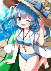 Rule 34 | 1girl, bikini, blue bikini, breasts, collarbone, hat, highres, jewelry, kawashiro nitori, key, key necklace, looking at viewer, necklace, one eye closed, open mouth, outdoors, pool, ruu (tksymkw), smile, solo, straw hat, swimsuit, touhou, two side up