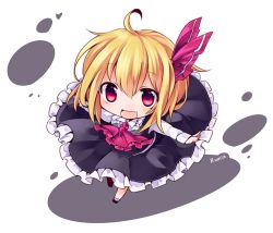 Rule 34 | 1girl, ahoge, bad id, bad pixiv id, blonde hair, fang, hat, long sleeves, open mouth, outstretched arms, rumia, shirt, skirt, skirt set, smile, solo, touhou, vest, yukimiya (parupunta)