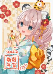 Rule 34 | 1girl, 2022, animal, animal costume, animal ears, animal on head, animal print, aqua kimono, bird, blue eyes, checkered background, chicken, chinese zodiac, commentary request, earrings, ema, floral print, flower, food, from side, grey hair, hair flower, hair ornament, happy new year, highres, holding, japanese clothes, jewelry, kimono, long sleeves, looking at viewer, medium hair, nengajou, new year, obi, on head, open mouth, original, partial commentary, ponytail, print kimono, rino cnc, sash, smile, solo, tail, tiger costume, tiger ears, tiger print, tiger tail, translated, wavy hair, wide sleeves, year of the tiger