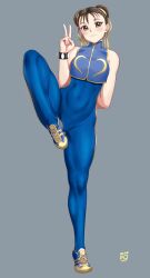Rule 34 | 1girl, arm behind back, blue bodysuit, blue vest, blush, bodysuit, breasts, brown eyes, brown hair, capcom, chun-li, collarbone, commentary request, covered abs, covered navel, finalcake, flexible, full body, grey background, hair ribbon, highres, light smile, looking at viewer, medium breasts, ribbon, shoes, short hair, sleeveless, sneakers, solo, standing, standing on one leg, street fighter, street fighter zero (series), studded bracelet, thick thighs, thighs, tiptoes, v, vest, yellow footwear