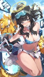Rule 34 | 1girl, absurdres, animal ears, arms up, bare shoulders, blue archive, blush, breasts, cheerleader, cleavage, dog ears, dog girl, dog tail, eyewear on head, goggles, goggles on head, halo, hibiki (blue archive), hibiki (cheer squad) (blue archive), highres, holding, holding pom poms, long hair, looking at viewer, medium breasts, millennium cheerleader outfit (blue archive), miniskirt, navel, netural, official alternate costume, open mouth, pom pom (cheerleading), pom poms, shoes, skirt, sneakers, solo, sticker on arm, sticker on face, stomach, tail, white footwear