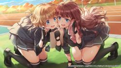 Rule 34 | 2girls, all fours, arm support, assault lily, black footwear, black gloves, black jacket, black shirt, black skirt, black thighhighs, blue eyes, blue sky, blush, braid, braided ponytail, brown hair, cheek-to-cheek, cloud, collared shirt, commentary request, day, emblem, fingerless gloves, floating hair, futagawa fumi, gloves, grass, hand up, hands up, heads together, holding, holding notepad, holding pen, holding towel, jacket, jewelry, kaede johan nouvel, layered sleeves, loafers, long hair, long sleeves, looking at object, low ponytail, michairu, multiple girls, notepad, official alternate costume, official art, on grass, on ground, open clothes, open jacket, open mouth, outdoors, over-kneehighs, pen, ring, running track, school uniform, shirt, shoes, single braid, single stripe, skirt, sky, stopwatch, stopwatch around neck, striped clothes, striped skirt, sweat, teeth, thighhighs, towel, tree, upper teeth only, watch, watermark, wavy hair, wiping face, wiping sweat, yurigaoka girls academy school uniform