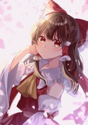 Rule 34 | 1girl, ascot, blush, bow, brown hair, collared shirt, detached sleeves, dress, frilled bow, frilled hair tubes, frilled shirt collar, frills, hair bow, hair tubes, hakurei reimu, hand up, highres, looking at viewer, medium hair, petals, red bow, red eyes, red shirt, red vest, ribbon-trimmed sleeves, ribbon trim, sarashi, shirt, sleeveless, sleeveless dress, sleeveless shirt, solo, touhou, vest, white sleeves, yellow ascot, yomogi 9392