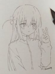 Rule 34 | 1girl, art tools in frame, bent v, blush, bocchi the rock!, cropped torso, cube hair ornament, dot nose, gotoh hitori, h (eitilog), hair between eyes, hair ornament, hand up, highres, jacket, long hair, long sleeves, monochrome, one side up, photo (medium), sketch, solo, track jacket, traditional media, twitter username, upper body