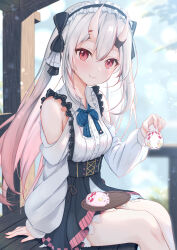 Rule 34 | 1girl, absurdres, bare shoulders, blue ribbon, breasts, closed mouth, commentary request, feet out of frame, gradient hair, grey hair, highres, hihi (oekakihix), holding, hololive, horns, long hair, long sleeves, looking at viewer, maid headdress, medium breasts, multicolored hair, nakiri ayame, neck ribbon, pink eyes, pink hair, ribbon, shirt, sitting, skin-covered horns, smile, solo, virtual youtuber, white shirt