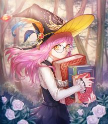 Rule 34 | 1girl, black hat, black skirt, black vest, book, book stack, carrying, commentary request, day, eyebrows, flower, forest, glasses, hat, hat feather, holding, holding book, hugging book, hugging object, jewelry, light rays, long hair, long sleeves, looking at viewer, nature, original, outdoors, parted lips, pink hair, rose, round eyewear, shirt, skirt, solo, sunbeam, sunlight, upper body, vest, white flower, white rose, white shirt, witch, witch hat, xxxpechkaxxx, yellow eyes
