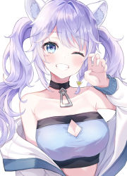 Rule 34 | 1girl, animal ear fluff, animal ears, bad id, bad twitter id, bare shoulders, black choker, blue eyes, blush, braid, breasts, choker, claw pose, cleavage, cleavage cutout, clothing cutout, collarbone, grin, hair ornament, highres, indie virtual youtuber, jacket, leopard ears, long hair, looking at viewer, medium breasts, one eye closed, purple hair, removing jacket, simple background, single braid, smile, solo, strapless, tube top, twintails, upper body, virtual youtuber, white background, white jacket, yukimi sui, yuna (deadawon)