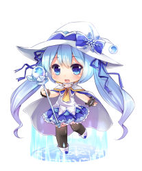 Rule 34 | 1girl, :d, bad id, bad pixiv id, blue eyes, blue hair, cape, chibi, hair ornament, hair ribbon, hat, hatsune miku, highres, holding, long hair, looking at viewer, matching hair/eyes, ninjinshiru, open mouth, pleated skirt, ribbon, simple background, skirt, smile, solo, staff, thighhighs, twintails, vocaloid, white background, witch hat, wrist cuffs, yuki miku