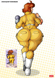 Rule 34 | 1girl, april o&#039;neil, ass, ass focus, backboob, boots, breasts, curvy, huge ass, huge breasts, jumpsuit, microphone, orange hair, short hair, simple background, solo, teenage mutant ninja turtles, watch, wide hips, witchking00, yellow jumpsuit