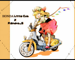 Rule 34 | 1girl, ascot, blonde hair, blush, character name, dotted line, embodiment of scarlet devil, fang, female focus, flandre scarlet, hair ornament, hat, jinkou-kuu, letterboxed, motor vehicle, motorcycle, open mouth, red eyes, ribbon, short hair, side ponytail, skirt, skirt set, solo, standing, touhou, vehicle