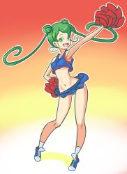Rule 34 | 1girl, arm up, blue footwear, blue panties, blue shirt, blue skirt, breasts, cheerleader, double bun, drantyno, fire emblem, fire emblem: genealogy of the holy war, gradient background, green eyes, green hair, hair bun, hand on own hip, highres, holding, long hair, looking at viewer, medium breasts, midriff, multicolored background, navel, nintendo, open mouth, orange background, panties, pom pom (cheerleading), red background, shirt, shoes, silvia (fire emblem), skirt, smile, sneakers, socks, standing, tank top, teeth, twintails, underwear, white background, white socks, wind, wind lift, yellow background