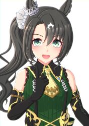 Rule 34 | 1girl, 2-butani, absurdres, animal ears, bare shoulders, black gloves, black hair, blush, breasts, commentary, detached sleeves, dress, ear ornament, elbow gloves, gloves, green eyes, hair ornament, highres, horse ears, horse girl, looking at viewer, medium breasts, open mouth, satono crown (umamusume), side ponytail, simple background, sleeveless, sleeveless dress, smile, solo, umamusume, upper body, white background