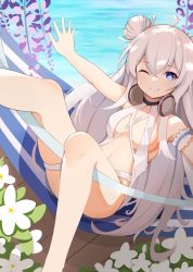 Rule 34 | 1girl, ;), ass, azur lane, blue eyes, breasts, cleavage, commentary request, double bun, flower, hair bun, hammock, headphones, headphones around neck, le malin (azur lane), le malin (mercredi at the secret base) (azur lane), long hair, looking at viewer, lying, midriff, navel, ocean, official alternate costume, one-piece swimsuit, one eye closed, outstretched arms, ribbon, shade, sidelocks, small breasts, smile, solo, spread arms, swimsuit, symbol-shaped pupils, thighs, white hair, white one-piece swimsuit, wooden floor, youtiao zongzi