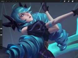 Rule 34 | 1girl, ahoge, art program in frame, bare shoulders, black bow, black gloves, bow, cowboy shot, detached sleeves, gloves, green hair, gwen (league of legends), hair bow, highres, kgynh, league of legends, looking up, parted lips, pink eyes, puffy short sleeves, puffy sleeves, red lips, short sleeves, solo, swept bangs, teeth, unfinished