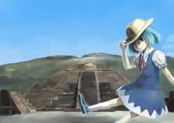 Rule 34 | 1girl, bad id, bad pixiv id, blue dress, blue eyes, blue hair, cirno, dress, hat, ichiba youichi, looking at viewer, matching hair/eyes, mexico, outdoors, pyramid (structure), pyramid of the moon, ruins, short hair, solo, touhou