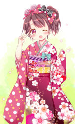 Rule 34 | 1girl, ;d, black bow, blue bow, blush, bow, brown hair, commentary request, floral print, flower, hair bow, hair flower, hair ornament, head tilt, heart, highres, japanese clothes, kimono, long sleeves, obi, one eye closed, open mouth, original, pinching sleeves, pink flower, pink rose, print bow, print kimono, red bow, red eyes, red kimono, rico (pico-ba), rose, rose print, sash, side ponytail, sleeves past wrists, smile, solo, v