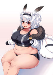 Rule 34 | 1girl, :3, absurdres, alvis (last origin), animal ears, belly, black bloomers, black bra, black gloves, bloomers, blush, bra, breasts, candy, candy bar, cleavage, collarbone, dot nose, fat, fat rolls, food, gloves, gradient background, hairband, highres, holding, holding food, jacket, large breasts, last origin, looking at viewer, looking to the side, medium hair, muffin top, navel, no pants, off shoulder, open mouth, plump, red eyes, shadow, silver hair, sitting, skindentation, smile, solo, sports bra, tajyador, tareme, thick arms, thick eyebrows, thick thighs, thighs, underwear, wrapper, zipper