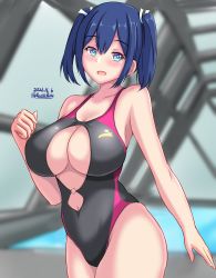 Rule 34 | 1girl, bare shoulders, blue eyes, blue hair, breasts, cleavage, cleavage cutout, clothing cutout, competition swimsuit, dated, hair ribbon, highres, kantai collection, large breasts, light blush, looking at viewer, medium hair, montemasa, navel, navel cutout, one-piece swimsuit, open mouth, pool, rei no pool, ribbon, souryuu (kancolle), standing, swimsuit, twintails, twitter username