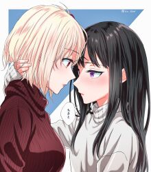Rule 34 | 2girls, black hair, blonde hair, blush, border, chorisow (delta chord), commentary request, couple, eye contact, highres, inoue takina, long hair, long sleeves, looking at another, lycoris recoil, multiple girls, nishikigi chisato, one side up, outside border, parted lips, purple eyes, red eyes, red sweater, short hair, sidelocks, sleeves past wrists, speech bubble, sweater, translated, twitter username, upper body, white border, white sweater, yuri