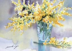 Rule 34 | cup, drinking glass, flower, flower focus, glass, highres, no humans, original, painting (medium), plant, plant focus, realistic, still life, traditional media, tsukiyo ono, water, watercolor (medium), yellow flower