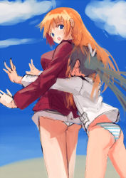 Rule 34 | 2girls, ass, bad id, bad pixiv id, black hair, breasts, charlotte e. yeager, cloud, day, francesca lucchini, hair ribbon, hug, hug from behind, long hair, long sleeves, medium breasts, multiple girls, orange hair, panties, posidoc, ribbon, sketch, sky, strike witches, striped clothes, striped panties, twintails, underwear, world witches series