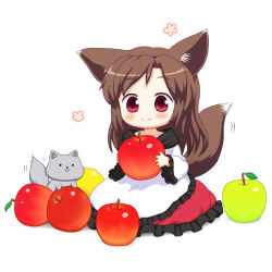 Rule 34 | 1girl, animal ears, apple, bebeneko, blush, brown hair, chibi, closed mouth, food, fruit, holding, imaizumi kagerou, long hair, long sleeves, smile, solid circle eyes, solo, tail, touhou, white background, wide sleeves, wolf, wolf ears, wolf tail