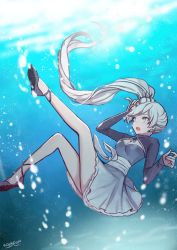 Rule 34 | 1girl, bad id, bad twitter id, blue eyes, breasts, cleavage, cleavage cutout, clothing cutout, ecru, falling, ponytail, rwby, solo, underwater, water, weiss schnee, white hair