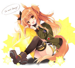 Rule 34 | 1girl, :d, aliasing, animal ears, boots, brown eyes, brown footwear, brown hair, brown thighhighs, commentary request, english text, engrish text, full body, fur-trimmed jacket, fur trim, green jacket, horse ears, horse girl, horse tail, jacket, long hair, long sleeves, looking at viewer, mayano top gun (umamusume), open clothes, open jacket, open mouth, purinpurin, ranguage, shadow, shirt, short shorts, shorts, sitting, small stellated dodecahedron, smile, solo, speech bubble, tail, teeth, thighhighs, thighhighs under boots, two side up, umamusume, upper teeth only, very long hair, white background, white shirt, white shorts
