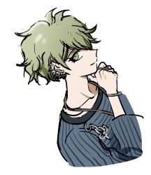 Rule 34 | 1boy, amami rantaro, blouse, closed mouth, collarbone, danganronpa (series), danganronpa v3: killing harmony, ear piercing, earrings, from side, green eyes, green hair, hand on own chin, highres, jewelry, looking at viewer, male focus, messy hair, necklace, no (xpxz7347), piercing, pointy nose, shirt, short hair, simple background, smile, solo, striped clothes, striped shirt, upper body, white background