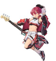 Rule 34 | 1boy, absurdres, bass guitar, crop top, guitar, guppydaze, hat, highres, instrument, looking to the side, male focus, one eye closed, open mouth, original, purple eyes, red hair, shirt, shoes, short hair, shorts, sneakers, socks, solo, standing, tachi-e, transparent background, white shirt, white shorts